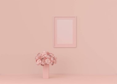 Tek dikey poster çerçevesi çerçeveli ve tek çiçekli düz pembe renkli oda, tek renkli konsept, üç boyutlu görüntüleme, resim çerçevesi maketi