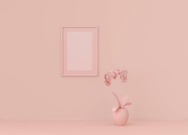 Tek dikey poster çerçevesi çerçeveli ve tek çiçekli düz pembe renkli oda, tek renkli konsept, üç boyutlu görüntüleme, resim çerçevesi maketi
