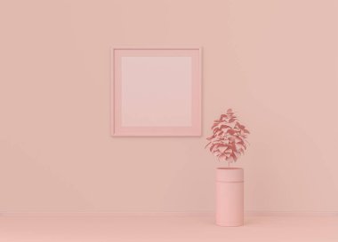 Çerçeve paspaslı tek kare poster çerçevesi ve yassı pembemsi renk odasında tek renk konsepti, 3D görüntüleme, resim çerçevesi modeli
