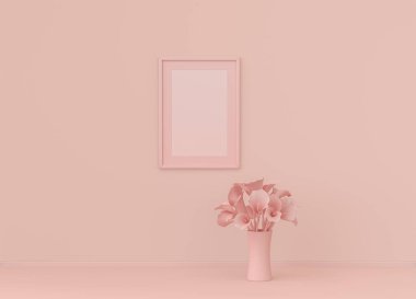 Tek dikey poster çerçevesi çerçeveli ve tek çiçekli düz pembe renkli oda, tek renkli konsept, üç boyutlu görüntüleme, resim çerçevesi maketi