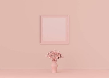Çerçeve paspaslı tek kare poster çerçevesi ve yassı pembemsi renk odasında tek renk konsepti, 3D görüntüleme, resim çerçevesi modeli