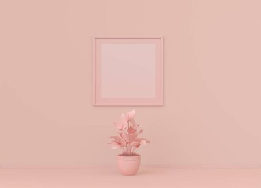 Çerçeve paspaslı tek kare poster çerçevesi ve yassı pembemsi renk odasında tek renk konsepti, 3D görüntüleme, resim çerçevesi modeli