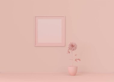 Çerçeve paspaslı tek kare poster çerçevesi ve yassı pembemsi renk odasında tek renk konsepti, 3D görüntüleme, resim çerçevesi modeli
