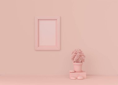 Tek dikey poster çerçevesi çerçeveli ve tek çiçekli düz pembe renkli oda, tek renkli konsept, üç boyutlu görüntüleme, resim çerçevesi maketi