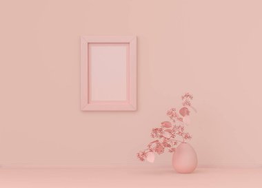 Tek dikey poster çerçevesi çerçeveli ve tek çiçekli düz pembe renkli oda, tek renkli konsept, üç boyutlu görüntüleme, resim çerçevesi maketi