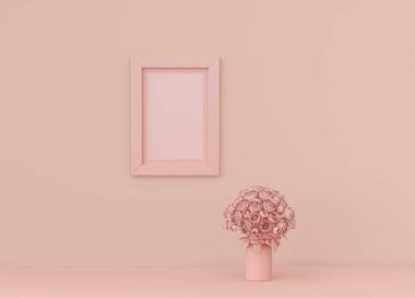 Tek dikey poster çerçevesi çerçeveli ve tek çiçekli düz pembe renkli oda, tek renkli konsept, üç boyutlu görüntüleme, resim çerçevesi maketi
