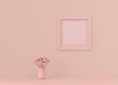 Çerçeve paspaslı tek kare poster çerçevesi ve yassı pembemsi renk odasında tek renk konsepti, 3D görüntüleme, resim çerçevesi modeli