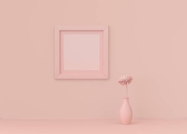 Çerçeve paspaslı tek kare poster çerçevesi ve yassı pembemsi renk odasında tek renk konsepti, 3D görüntüleme, resim çerçevesi modeli