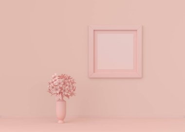 Çerçeve paspaslı tek kare poster çerçevesi ve yassı pembemsi renk odasında tek renk konsepti, 3D görüntüleme, resim çerçevesi modeli
