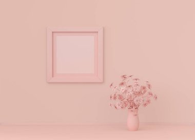 Çerçeve paspaslı tek kare poster çerçevesi ve yassı pembemsi renk odasında tek renk konsepti, 3D görüntüleme, resim çerçevesi modeli