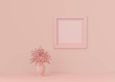 Çerçeve paspaslı tek kare poster çerçevesi ve yassı pembemsi renk odasında tek renk konsepti, 3D görüntüleme, resim çerçevesi modeli