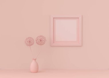 Çerçeve paspaslı tek kare poster çerçevesi ve yassı pembemsi renk odasında tek renk konsepti, 3D görüntüleme, resim çerçevesi modeli