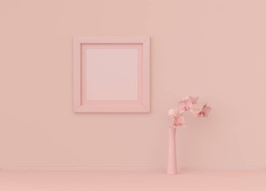 Çerçeve paspaslı tek kare poster çerçevesi ve yassı pembemsi renk odasında tek renk konsepti, 3D görüntüleme, resim çerçevesi modeli