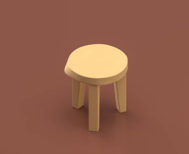 Bir tabure, Isometric kamp nesneleri ve sahneleri, kahverengi arka planda monokrom sarı kamp ekipmanı, üç boyutlu oluşturma, avlanma ve kamp