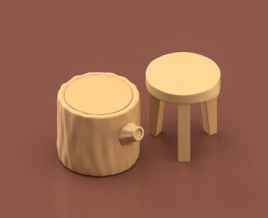 Dışkı ve kütük, Isometric kamp nesneleri ve sahneleri, kahverengi arka planda monokrom sarı kamp ekipmanları, üç boyutlu oluşturma, avlanma ve kamp