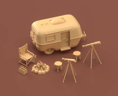 Karavan ve teleskoplar Isometric kamp nesneleri ve sahneleri, kahverengi arka planda monokrom sarı kamp ekipmanları, 3D görüntüleme, avcılık ve kamp