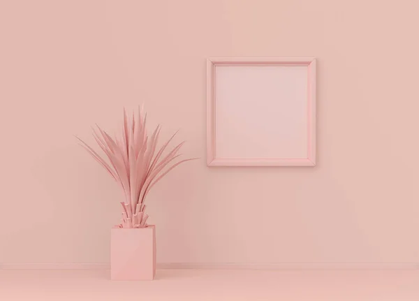 Interior room in plain monochrome light pink color with single plant and single square picture frame. Light background with copy space. 3D rendering, poster frame mockup