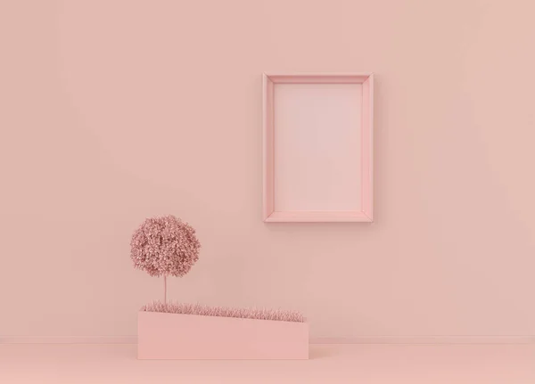 Interior room in plain monochrome light pink color with single plant and single picture frame. Light background with copy space. 3D rendering, poster frame mockup