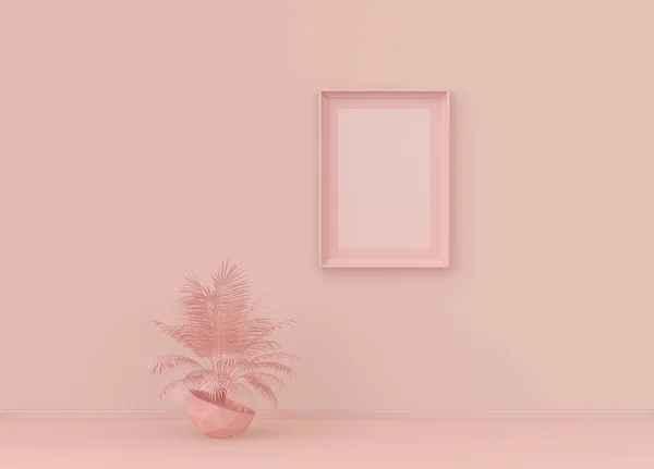 Interior room in plain monochrome light pink color with single plant and single picture frame. Light background with copy space. 3D rendering, poster frame mockup