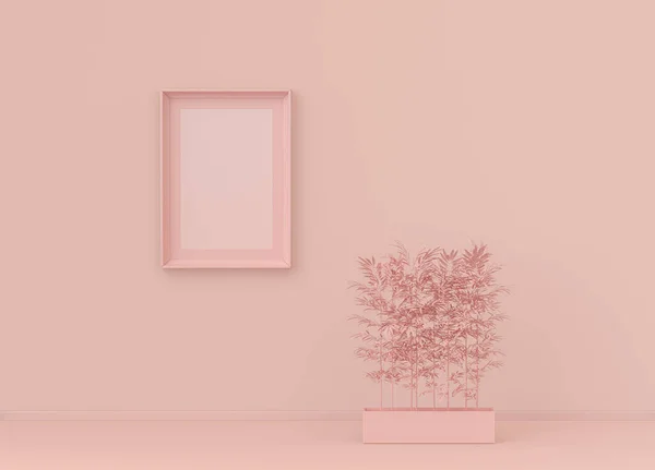 Innenraum Schlichter Monochromer Hellrosa Farbe Mit Einzelpflanze Und Einzelbildrahmen Heller — Stockfoto