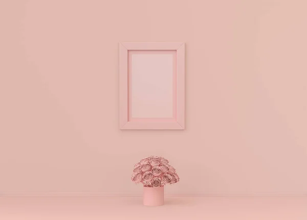 Одиночная Вертикальная Рамка Рамкой Цветком Плоской Розовой Комнате Монохромная Концепция — стоковое фото