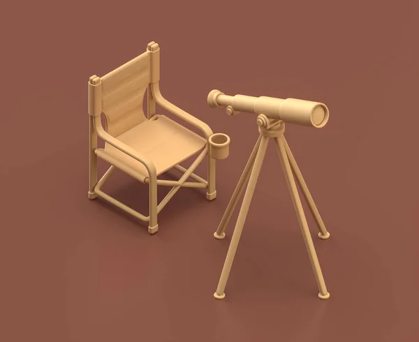 Πτυσσόμενη Καρέκλα Και Τηλεσκόπιο Ισομετρικά Αντικείμενα Και Σκηνές Κατασκήνωσης Μονόχρωμος — Φωτογραφία Αρχείου