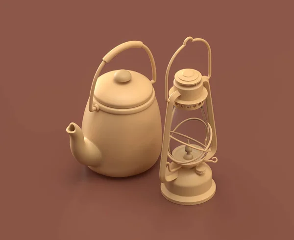 一个灯笼和一个茶壶 棕色背景的单色野营物品 3D渲染 — 图库照片