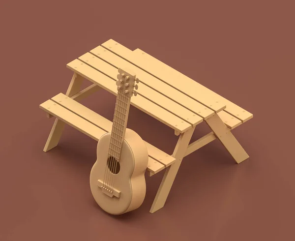 Uma Mesa Piquenique Uma Guitarra Fundo Marrom Renderização Objetos Acampamento — Fotografia de Stock