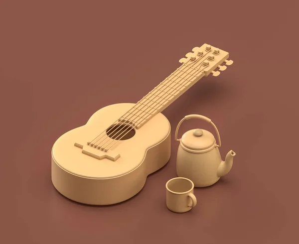 Una Guitarra Con Tetera Una Taza Fondo Marrón Representación Objetos — Foto de Stock