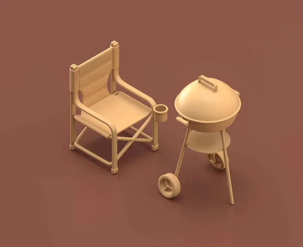 茶色の背景のモノクロームの折りたたみ椅子と木炭グリル 3Dレンダリング マスタード色のキャンプオブジェクト — ストック写真