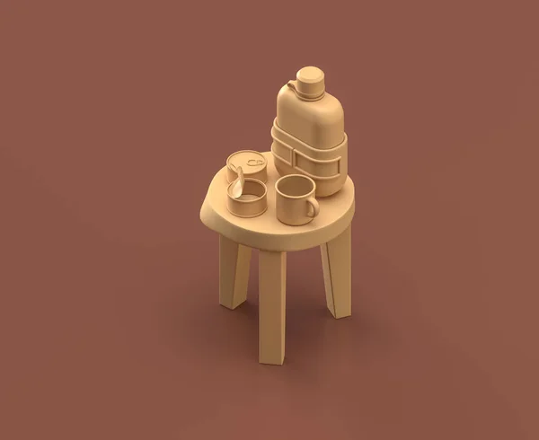 Kantin ve kupalar kahverengi arka planda bir taburede, tek renk düz renkler, 3D renkler
