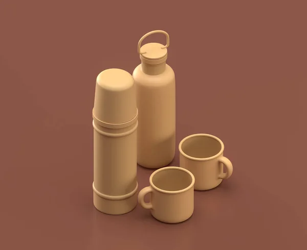 茶色の背景に魔法瓶とマグカップ単色のフラットカラー3Dレンダリング — ストック写真