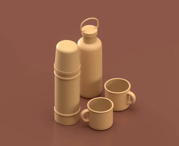 Thermos Dan Mug Pada Latar Belakang Coklat Monokrom Warna Datar — Stok Foto