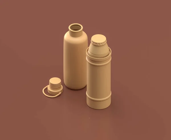 茶色の背景に2つの魔法瓶 単色のフラットカラー 3Dレンダリング — ストック写真