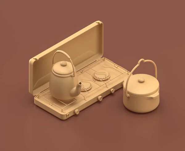 Cooking pot and kettle on a camping stove. Isometric camping objects and scenes, monochrome yellow camping equipment on brown background, 3D Rendering, hunting and camping