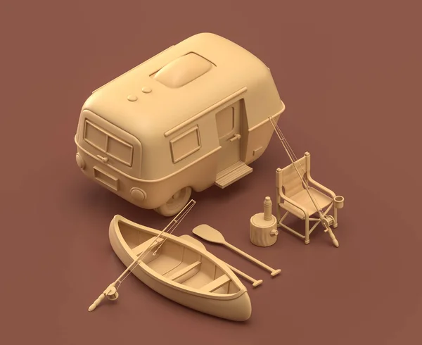 釣りのためのキャラバンとカヌー 幾何学的なキャンプオブジェクトとシーン 茶色の背景にモノクロームの黄色のキャンプ用品 3Dレンダリング 狩猟やキャンプ — ストック写真