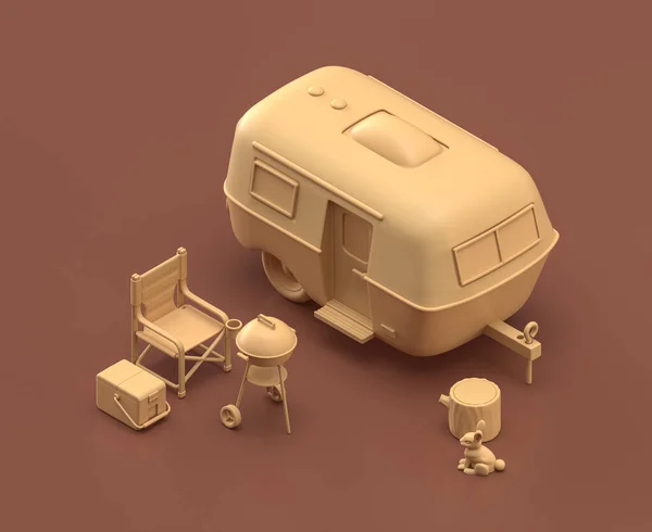 キャラバンとバーベキュー 幾何学的なキャンプオブジェクトとシーン 茶色の背景にモノクロームの黄色のキャンプ用品 3Dレンダリング 狩猟やキャンプ — ストック写真