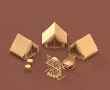 Çadırlı kamp alanı. Isometric kamp nesneleri ve sahneleri, kahverengi arka planda monokrom sarı kamp ekipmanları, 3D görüntüleme, avlanma ve kamp yapma.