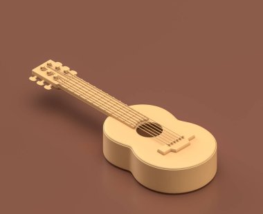 Isometric gitar, kamp nesneleri ve sahneler, kahverengi arka planda monokrom sarı kamp ekipmanları, 3D görüntüleme, avcılık ve kamp