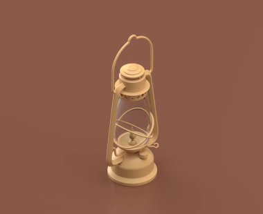 Isometric fener, kamp nesneleri ve sahneler, kahverengi arka planda monokrom sarı kamp ekipmanı, 3D görüntüleme, avcılık ve kamp