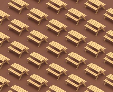 Isometric piknik masası, kamp eşyaları ve sahneleri, kahverengi arka planda tek renkli sarı kamp ekipmanları, 3D görüntüleme, avlanma ve kamp yapma