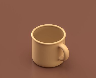 Kahverengi arka planda düz renkli bir kahve fincanı, tek renkli düz renkler, 3D görüntüleme.