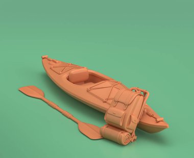 Tek renk sırt çantaları ve bir kano, yeşil arka planda gitmeye hazır, üç boyutlu, sarı kamp nesneleri.