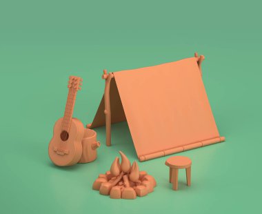 single color tent with a guitar and camp fire in green background, 3d rendering, yellow camping objects clipart
