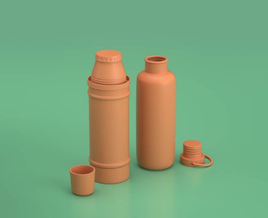 Yeşil arkaplanda iki termos, tek renk düz renkler, 3D görüntüleme