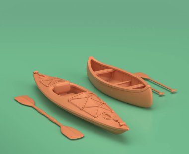 Kayak and Canoe, Isometric camping objects and scenes, monochrome yellow camping equipment on green background, 3D Rendering, hunting and camping clipart