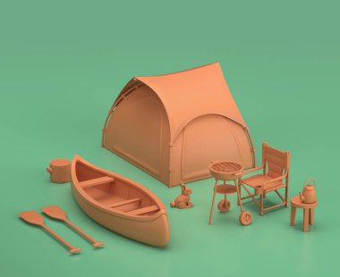 Çadır ve kano, Isometric kamp nesneleri ve sahneleri, yeşil arka planda monokrom sarı kamp ekipmanları, 3D görüntüleme, avcılık ve kamp