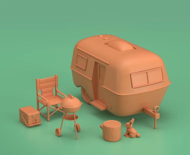 Karavan ve barbekü. Isometric kamp nesneleri ve sahneleri, yeşil arka planda monokrom sarı kamp ekipmanları, üç boyutlu oluşturma, avcılık ve kamp