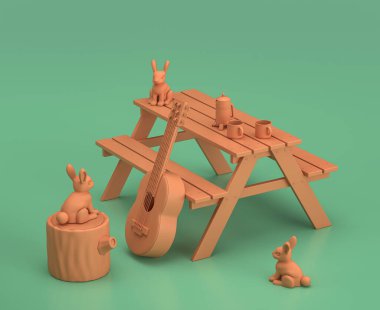 Isometric kamp nesneleri ve sahneleri, yeşil arka planda monokrom sarı kamp ekipmanları, üç boyutlu oluşturma, avcılık ve kamp