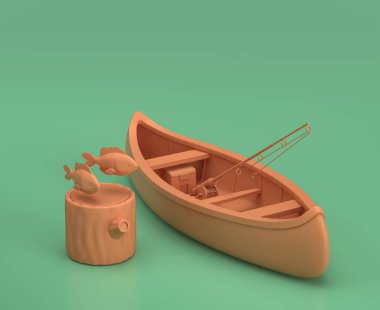 Balık tutmak için. Isometric kamp nesneleri ve sahneleri, yeşil arka planda monokrom sarı kamp ekipmanları, üç boyutlu oluşturma, avcılık ve kamp